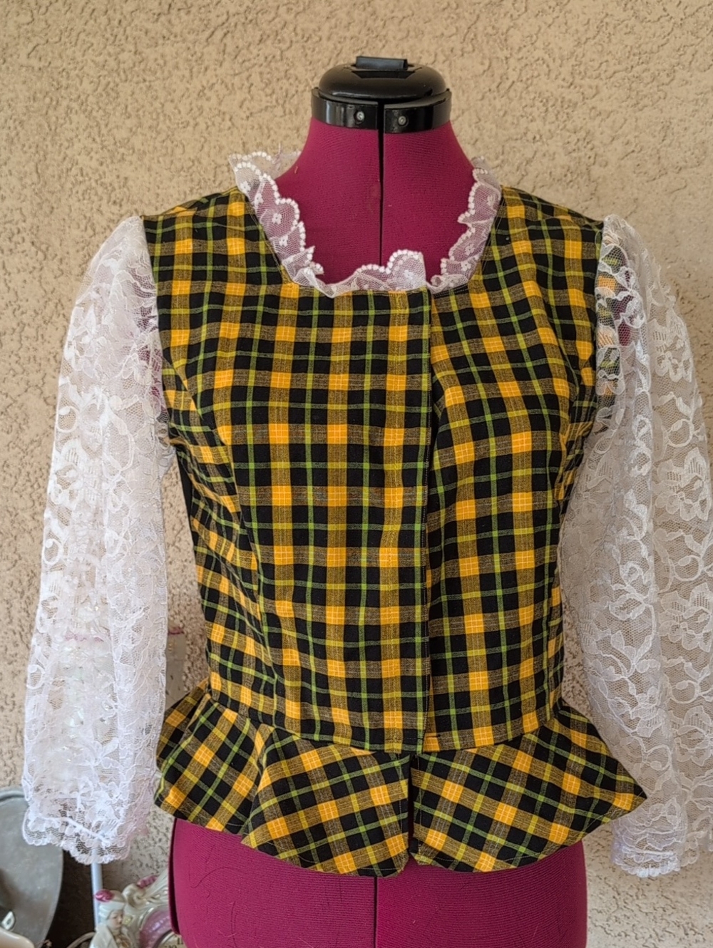 OOAK Yellow Black Plaid Peplum Lace-Sleeve Women’s Top Sz S